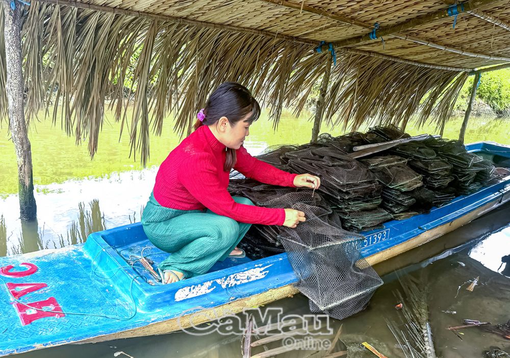 Ngoài chăn nuôi, chị Hồ Thị Tiếm còn đặt lú dưới sông, tăng thêm thu nhập. 