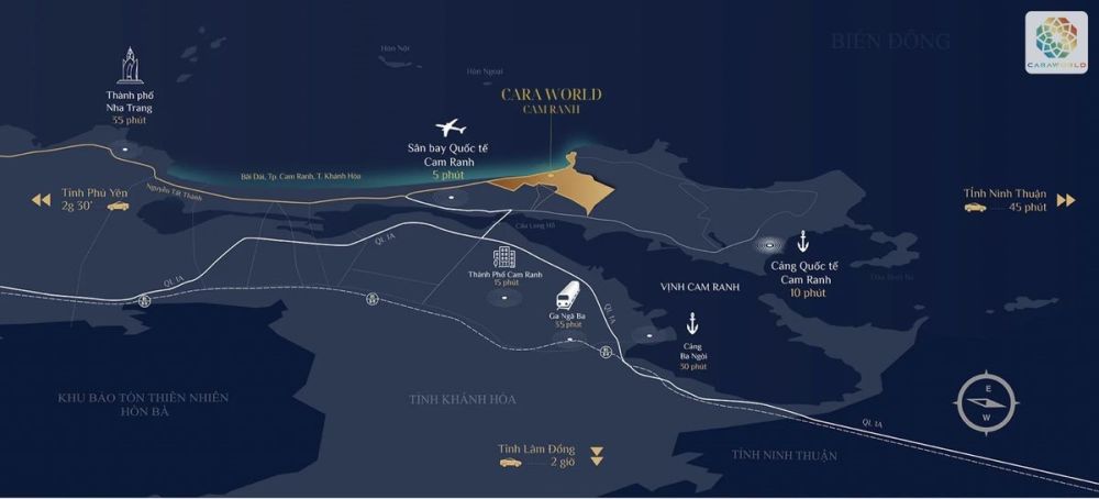 Vị trí dự án Caraworld nằm ngay mặt biển Bãi Dài, sát bên sân bay Cam Ranh