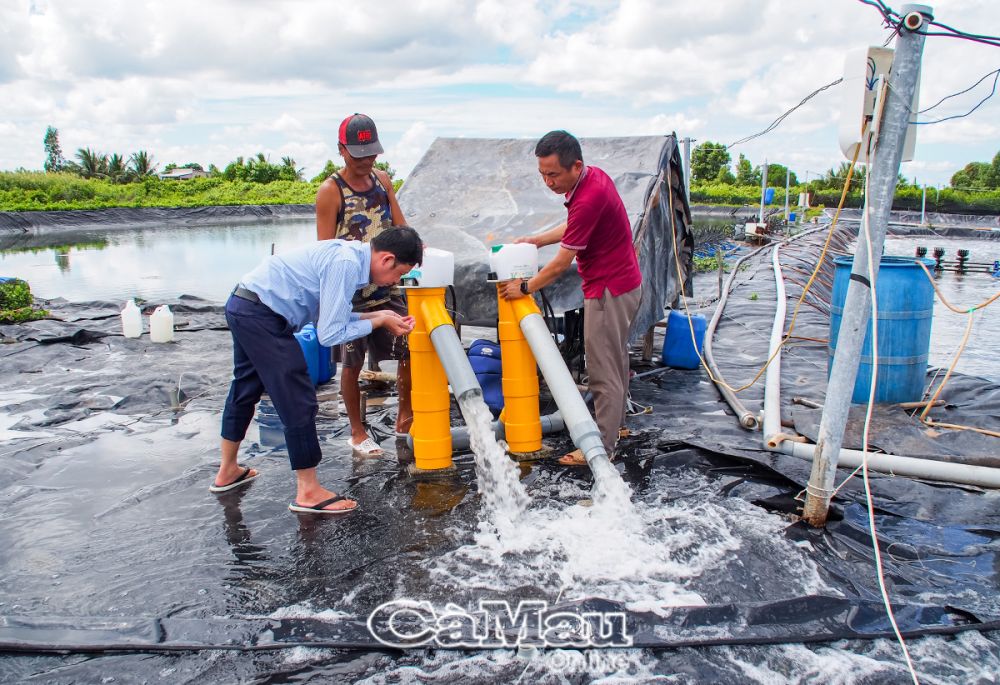 Anh Tấn (bìa phải) kiểm tra thiết bị công nghệ điện hoá để tạo ra Clo, thay thế cho việc sử dụng Clo bột và khí hoá lỏng, tại hộ anh Nguyễn Ngọc Khoe, Ấp 6, xã Phong Thạnh Tây, thị xã Giá Rai, tỉnh Bạc Liêu.