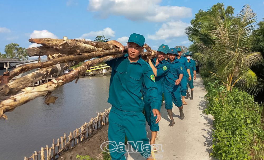 Các chiến sĩ dân quân kết hợp công tác huấn luyện với lao động giúp dân tại xã Ðông Hưng, huyện Cái Nước.