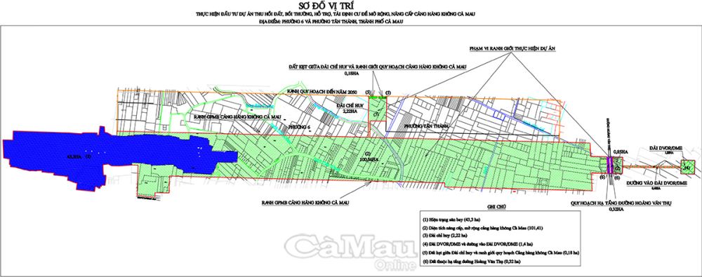 Sơ đồ tổng thể Dự án thu hồi đất để thực hiện việc mở rộng, nâng cấp Cảng Hàng không Cà Mau.