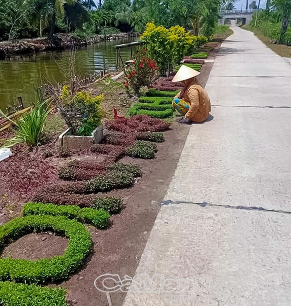 Người dân chăm chút cây xanh, hoa kiểng tô điểm cho làng quê.