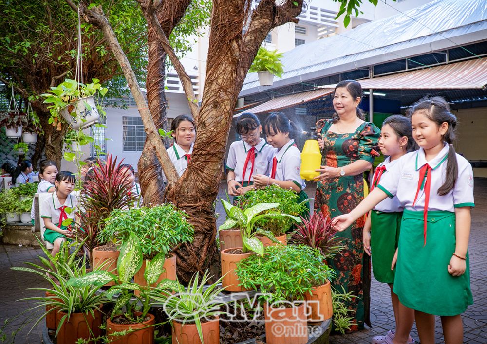 Giáo viên thường xuyên hướng dẫn các em học sinh chăm sóc cây xanh.