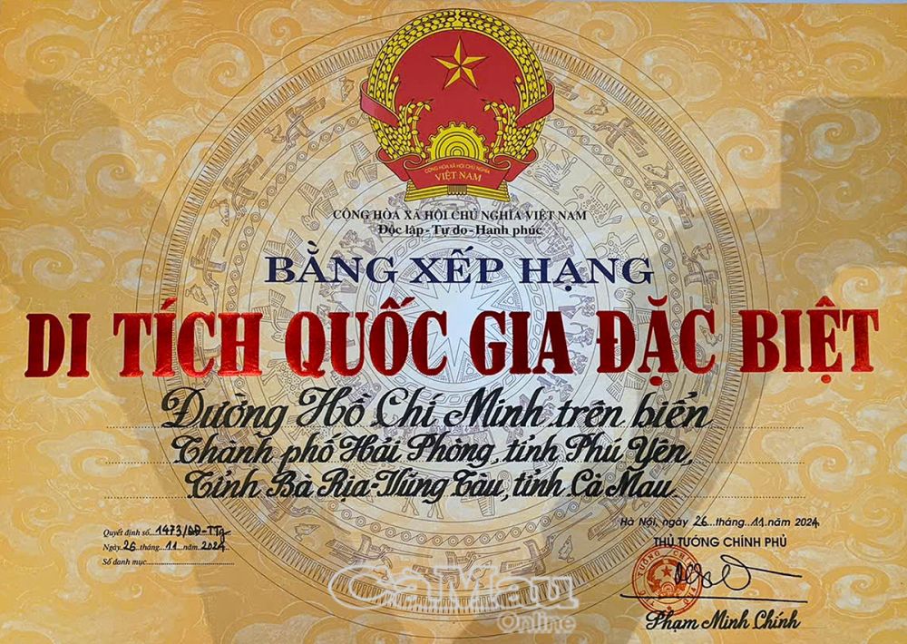 Bằng xếp hàng di tích quốc gia đặc biệt “đường Hồ CHí Minh trên biển” được Thủ tướng Chính phủ Phạm Minh Chính ký vào hôm nay, ngày 26/11.