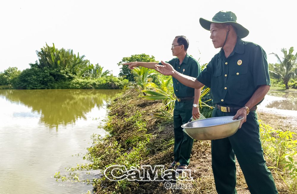 Ông Trần Văn Gẫm (bìa phải) giới thiệu mô hình nuôi cá đối mục với Chủ tịch Hội CCB xã Khánh Tiến.