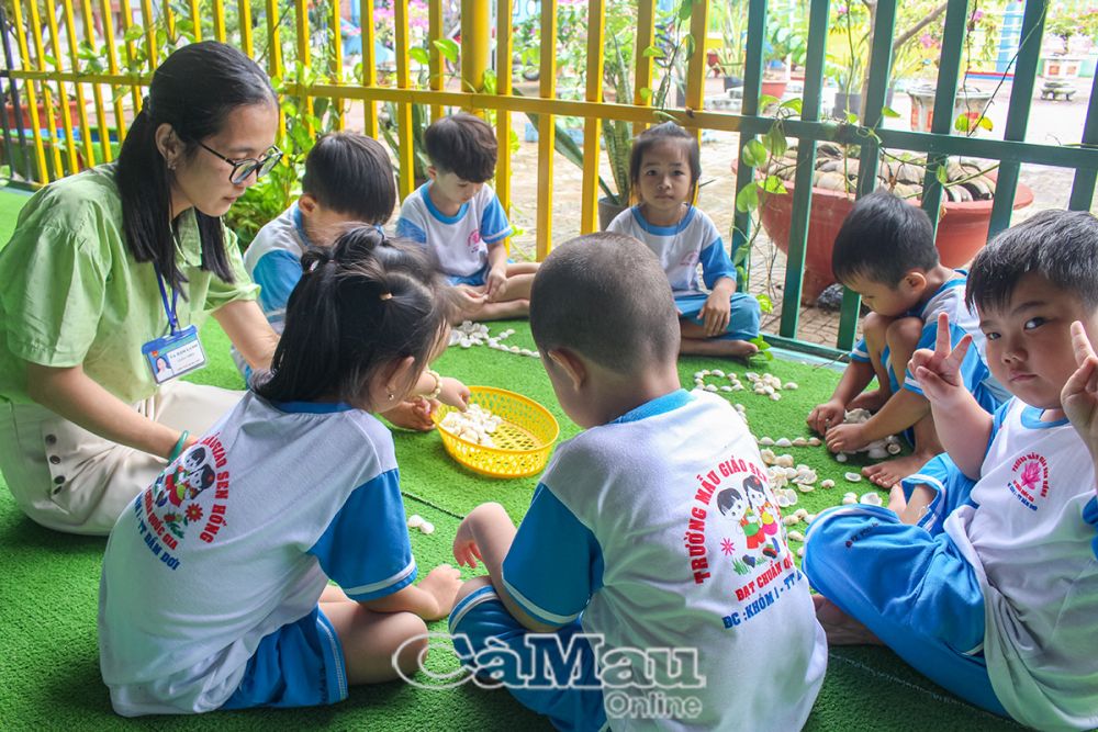 Từ vật liệu tự nhiên như vỏ sò, vỏ hến, với sự hướng dẫn của giáo viên đã trở thành đồ dùng học tập bổ ích, như tạo số, tạo hình bông hoa, tạo tranh…