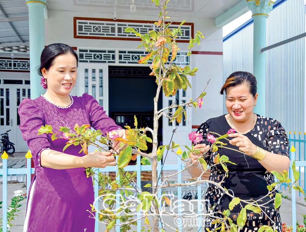 Cán bộ xã cùng với người dân chăm chút cây kiểng, chuẩn bị đón Tết.