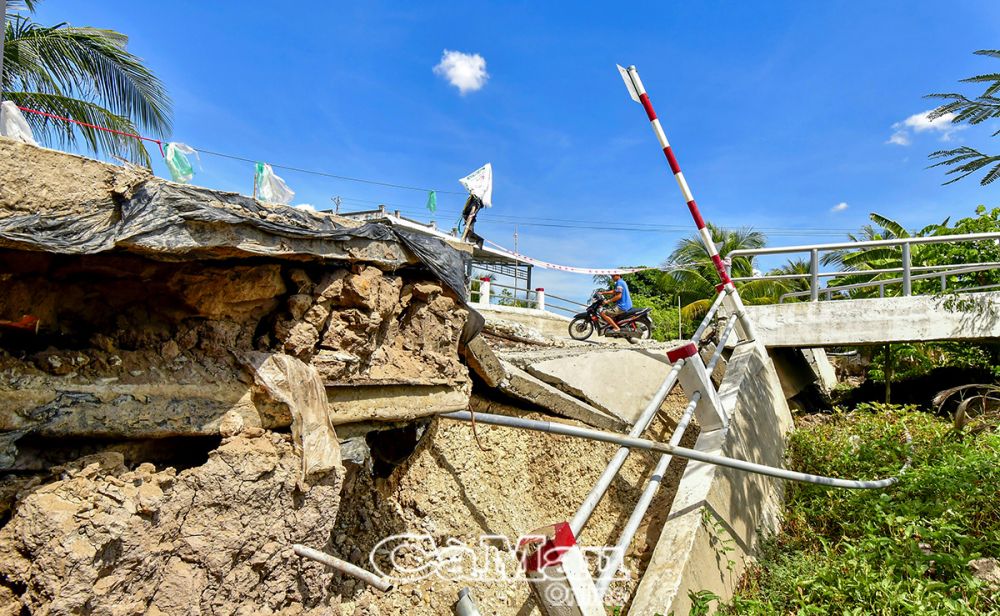 Mức độ thiệt hại của hạn hán đã giảm dần qua các năm do Cà Mau đã chủ động thực hiện các giải pháp ứng phó, tuy nhiên hậu quả để lại cũng còn khá nặng nề, việc khắc phục còn gặp nhiều khó khăn, kéo dài. (Trong ảnh: Hạn hán làm sụt lún đất, thiệt hại nặng nề hạ tầng giao thông tại xã Khánh Hưng, huyện Trần Văn Thời, mùa khô 2023-2024).