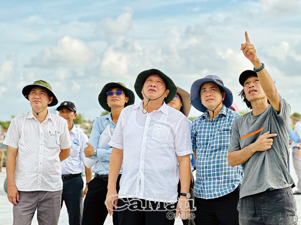 Phó chủ tịch UBND tỉnh Lâm Văn Bi khảo sát Dự án Cụm tượng đài Chuyến tàu tập kết ra Bắc tại thị trấn Sông Ðốc, huyện Trần Văn Thời. Ảnh: HỒNG NHUNG