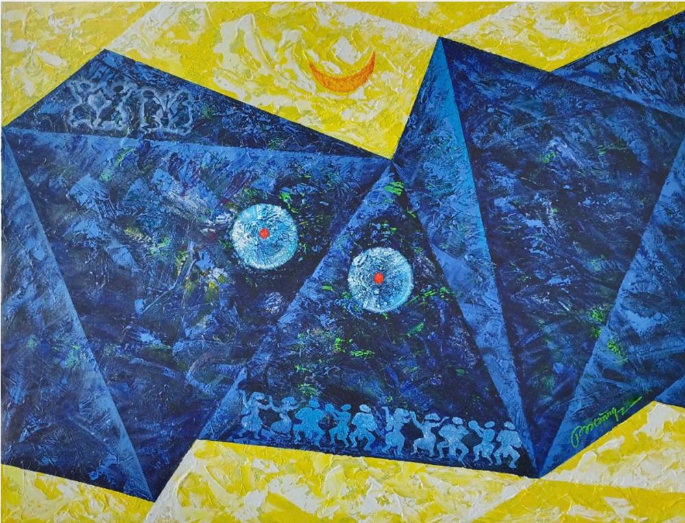 Tác phẩm “Trăng làng E Ðê”, chất liệu Acrylic, tác giả Phan Thái Hoàng (tỉnh Cà Mau). 