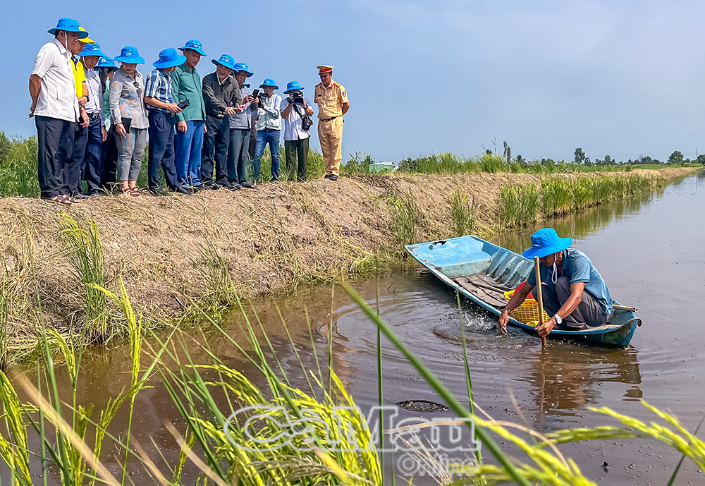 Người dân tham quan mô hình nuôi tôm quảng canh năng suất cao của một hộ nuôi.