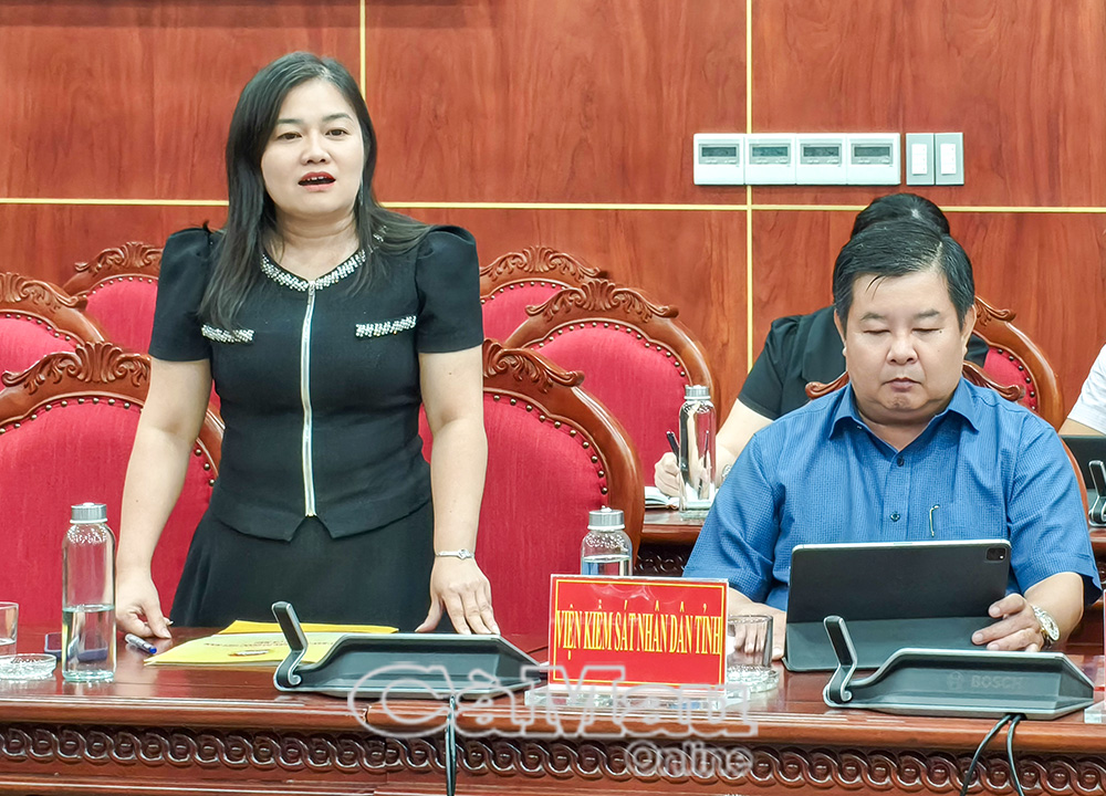 Bà Võ Thị Ngọc Hân, Phó Chủ tịch UBMTTQVN tỉnh Cà Mau nêu ý kiến về phản biện xã hội trong xây dựng chính sách pháp luật.