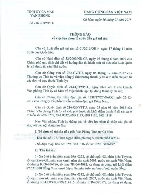 Thông báo về việc lựa chọn tổ chức đấu giá tài sản