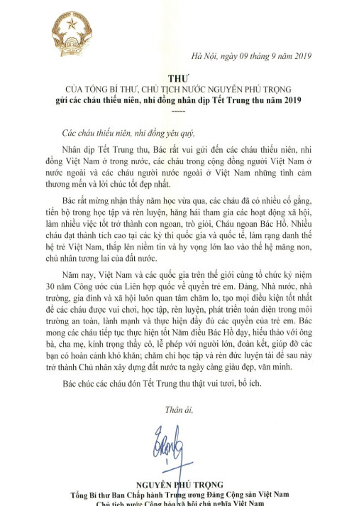 Tổng Bí thư, Chủ tịch nước gửi thư chúc Tết Trung thu các cháu thiếu nhi