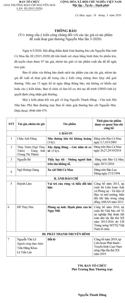 Thông báo trưng cầu ý kiến công chúng đối với các tác giả có tác phẩm đề xuất đoạt giải thưởng Nguyễn Mai lần 3/2020