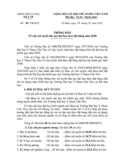 Sở Y tế tỉnh Cà Mau: Thông báo về việc xét tuyển đào tạo đại học theo đặt hàng năm 2020