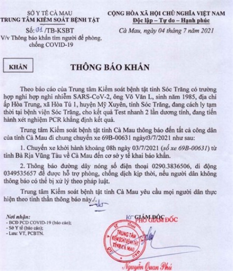 Thông báo khẩn tìm người đi trên xe 69B-00631 từ Bà Rịa - Vũng Tàu về Cà Mau