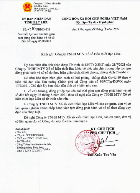 Kéo dài thời gian tạm dừng phát hành vé số đến hết ngày 5/8/2021