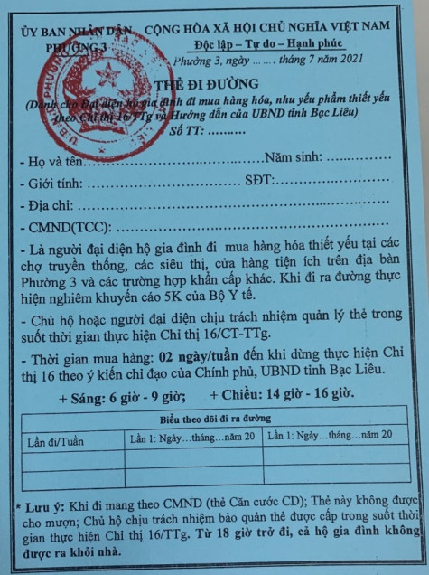 Thành phố Bạc Liêu phát “thẻ đi đường” cho người dân