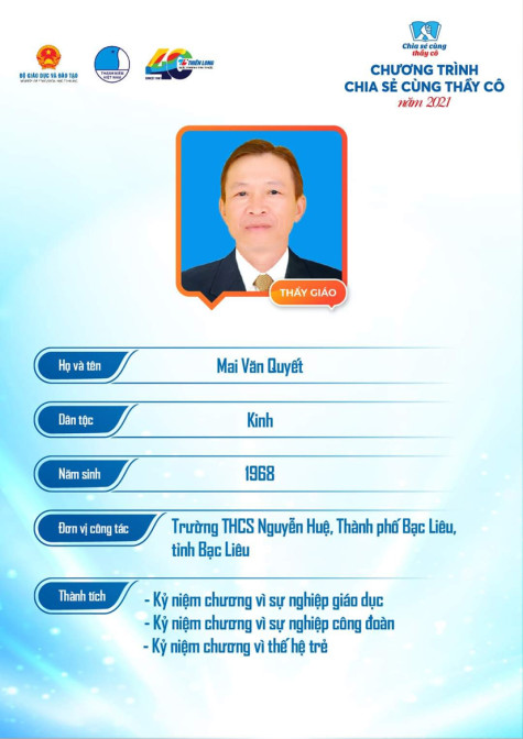Thầy Mai Văn Quyết được tuyên dương trong chương trình “Chia sẻ cùng thầy cô” năm 2021