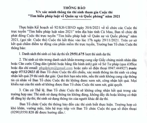 Xác minh thông tin thí sinh tham gia Cuộc thi "Tìm hiểu pháp luật về Quân sự và Quốc phòng" năm 2021