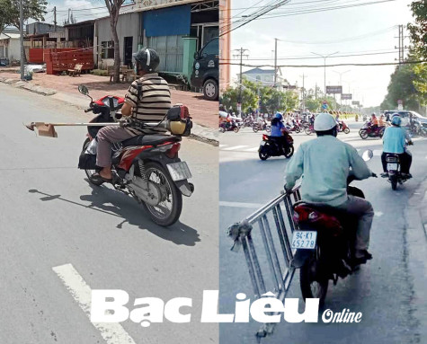 Xe máy chở vật cồng kềnh, mất an toàn