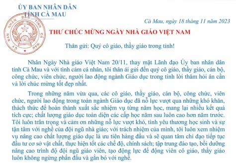 Thư chúc mừng Ngày Nhà giáo Việt Nam