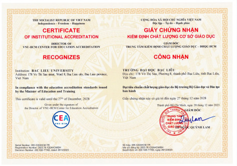 Trường đại học Bạc Liêu đạt chứng nhận kiểm định chất lượng cơ sở giáo dục