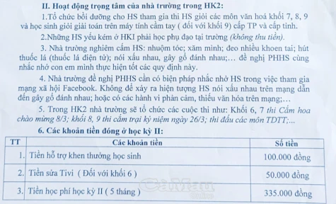 Trường THCS Nguyễn Thị Minh Khai thu nhiều khoản không đúng chủ trương