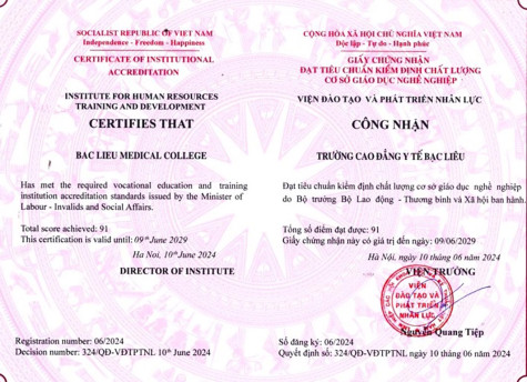 Trường cao đẳng Y tế Bạc Liêu đạt tiêu chuẩn kiểm định chất lượng cơ sở giáo dục nghề nghiệp