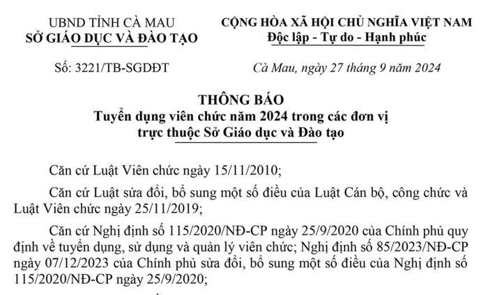 Thông báo tuyển dụng viên chức năm 2024 trong các đơn vị trực thuộc Sở Giáo dục và Đào tạo