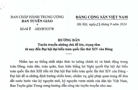 Hướng dẫn tuyên truyền những chủ đề lớn, trọng tâm từ nay đến Đại hội đại biểu toàn quốc lần thứ XIV của Đảng