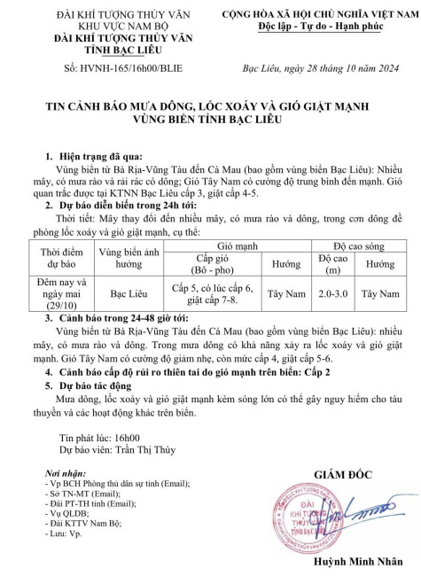 Cảnh báo mưa dông, lốc xoáy và gió giật mạnh trên vùng biển tỉnh Bạc Liêu