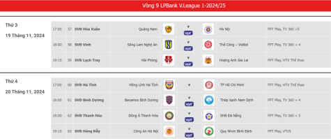 Lịch thi đấu vòng 9 V-League 2024-2025