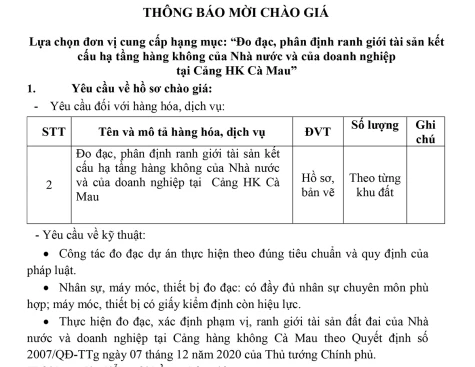 THÔNG BÁO MỜI CHÀO GIÁ