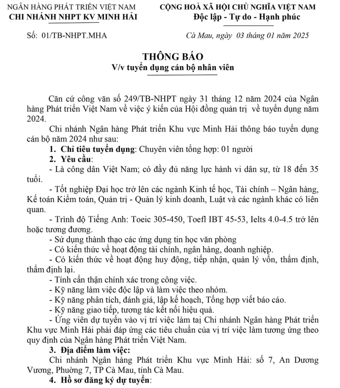 Chi nhánh Ngân hàng Phát triển Khu vực Minh Hải thông báo tuyển dụng cán bộ năm 2024