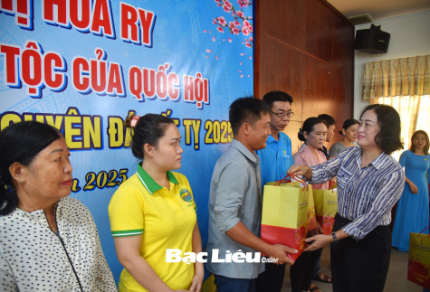 Phó Chủ tịch Hội đồng Dân tộc của Quốc hội - Trần Thị Hoa Ry trao tặng 100 suất quà cho đoàn viên, người lao động khó khăn tại Bạc Liêu