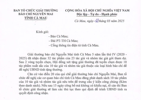 Ban tổ chức giải thưởng báo chí Nguyễn Mai tỉnh Cà Mau thông báo