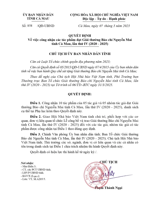 Công nhận tác phẩm đạt Giải thưởng báo chí Nguyễn Mai tỉnh Cà Mau