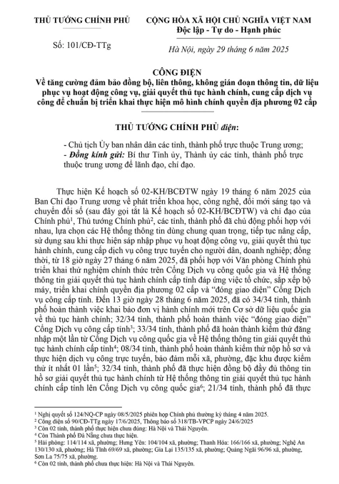 Công điện của Thủ tướng về tăng cường đảm bảo đồng bộ, liên thông, không gián đoạn thông tin, dữ liệu phục vụ hoạt động công vụ, giải quyết thủ tục hành chính, cung cấp dịch vụ công để chuẩn bị triển khai thực hiện mô hình chính quyền địa phương 02 cấp