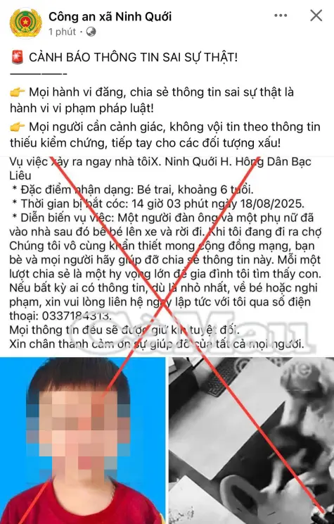 Thông tin trẻ 6 tuổi xã Ninh Quới bị bắt cóc là sai sự thật 