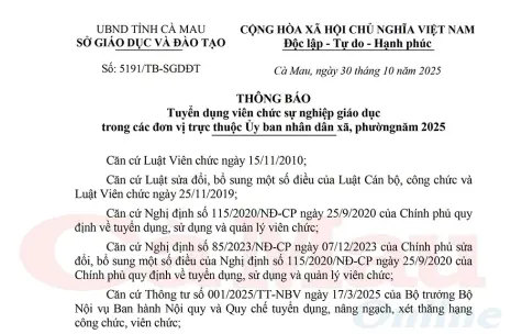 Thông báo tuyển dụng viên chức sự nghiệp giáo dục trong các đơn vị trực thuộc UBND xã, phường năm 2025