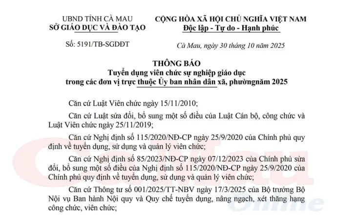 Thông báo tuyển dụng viên chức sự nghiệp giáo dục trong các đơn vị trực thuộc UBND xã, phường năm 2025