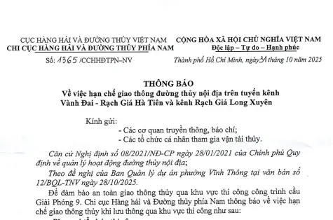 Thông báo về việc hạn chế giao thông đường thuỷ nội địa trên tuyến kênh Vành Đai - Rạch Giá Hà Tiên và kênh Rạch Giá Long Xuyên