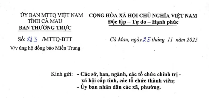 Ban Thường trực Uỷ ban MTTQ Việt Nam tỉnh Cà Mau phát động vận động ủng hộ, hỗ trợ đồng bào miền Trung bị thiệt hại do thiên tai gây ra